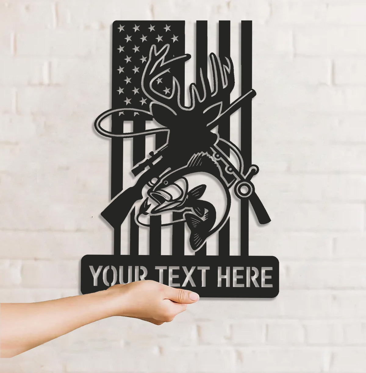 Personalized Deer and Fish American Flag Metal Sign WITH LED/WITHOUT LED, Hunting and Fishing Wall Art