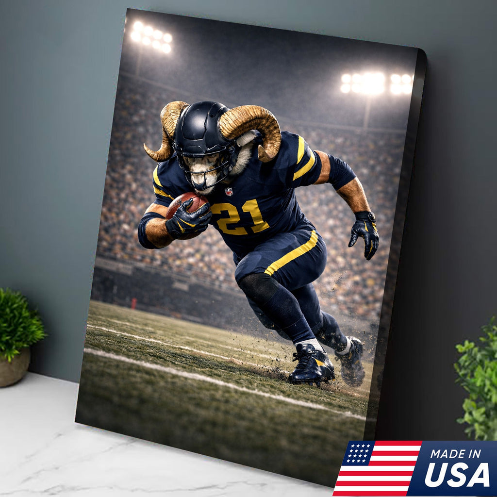 Mighty Ram Football Canvas Wall Art – Horned Athlete Stadium Action Print