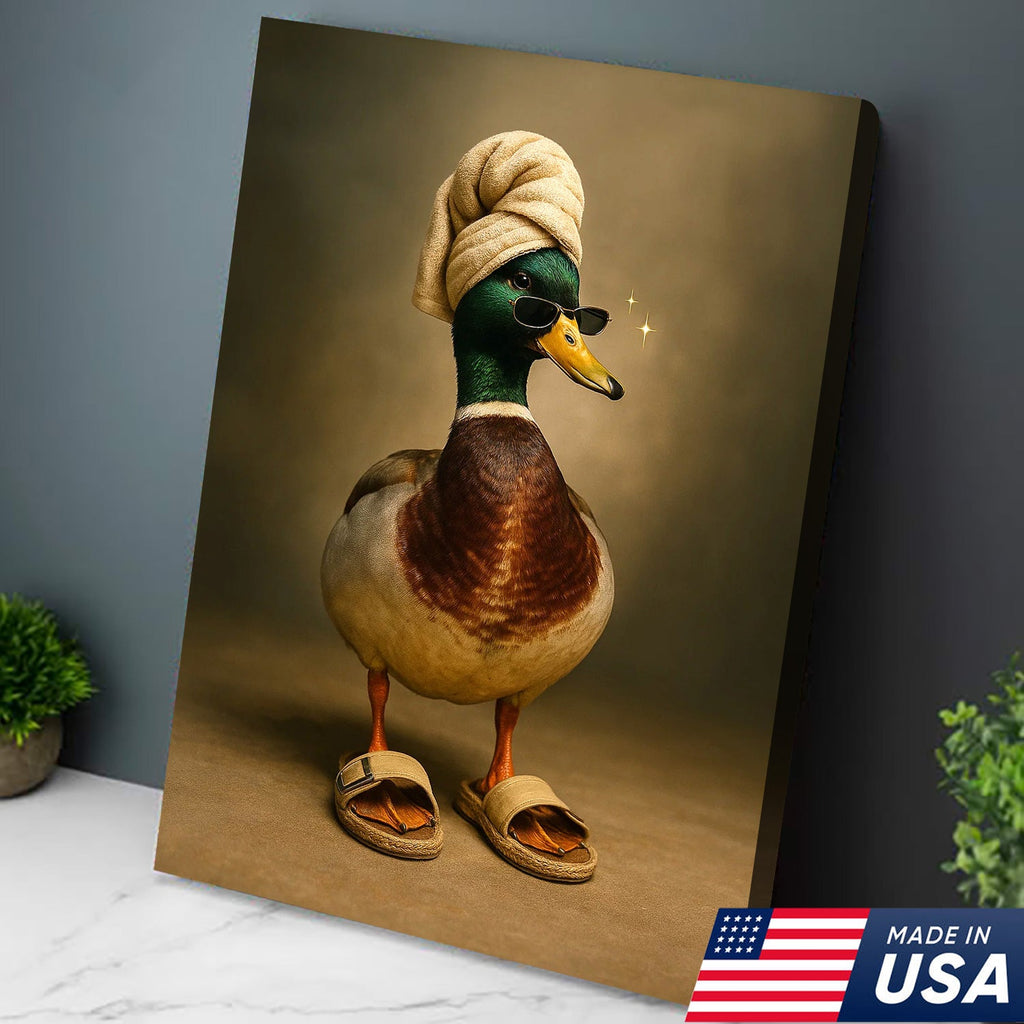 Spa Day Duck Canvas Wall Art, Funny Mallard in Towel and Sandals Bathroom Decor