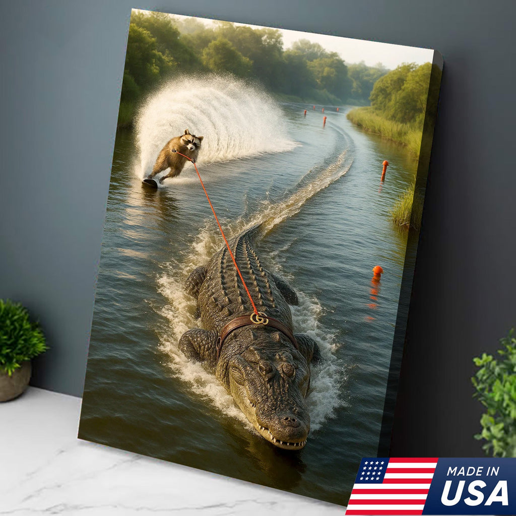 Racoon Water Skiing with Alligator Canvas Wall Art, Funny Animal Adventure Decor