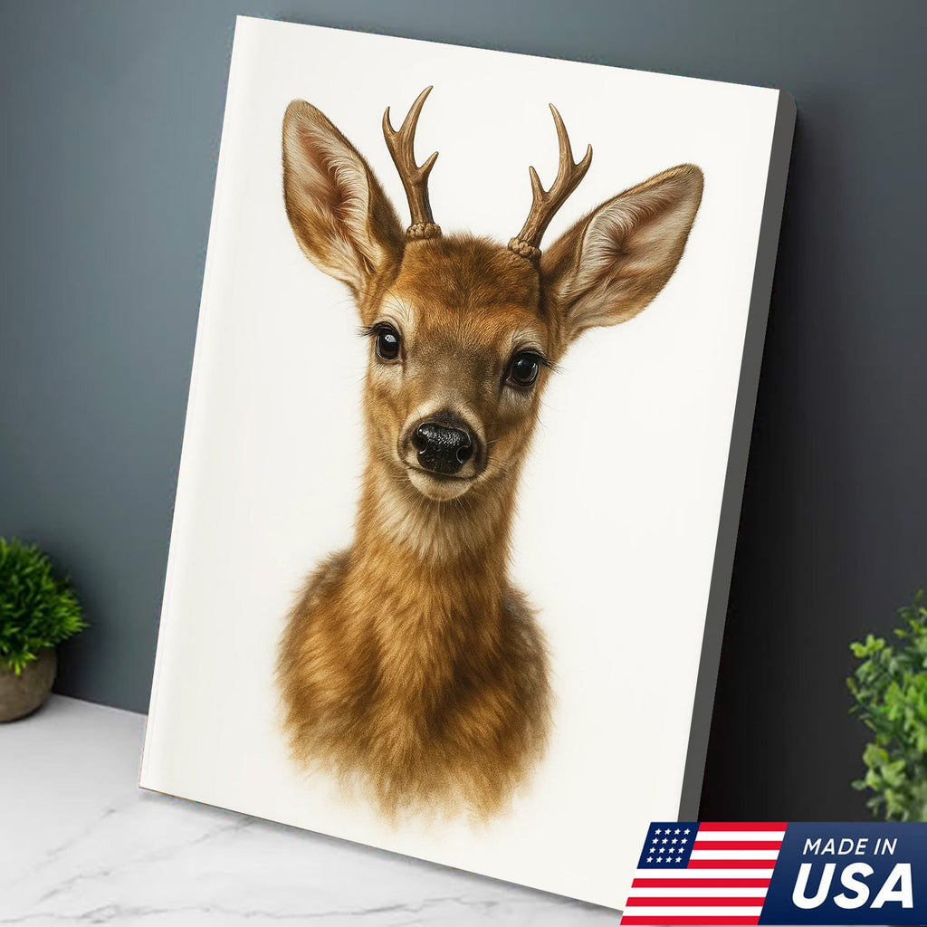 Minimalist Deer Canvas Wall Art, Realistic Baby Buck Portrait, Modern Wildlife Animal Print