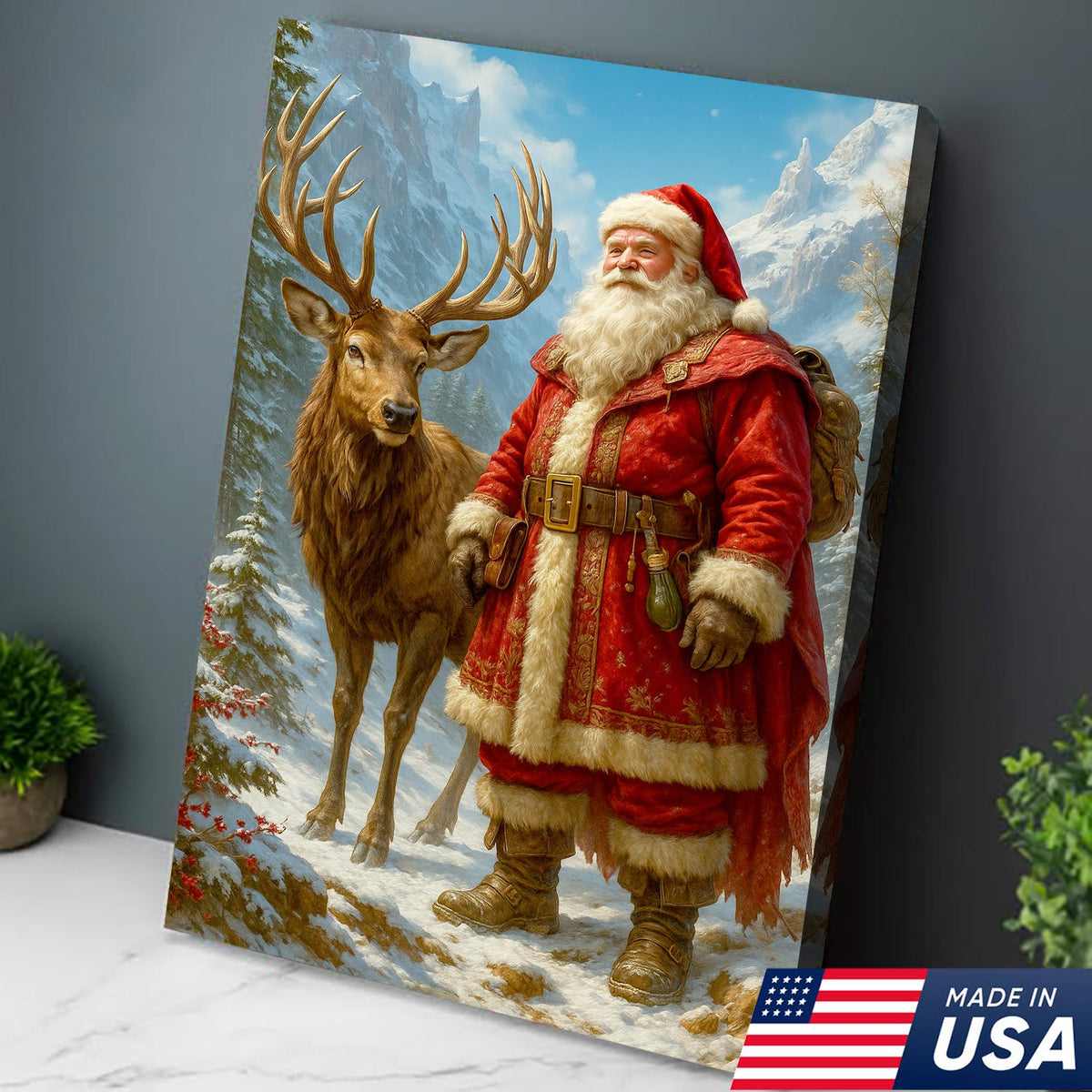 Vintage Santa Claus & Reindeer Canvas – Classic Christmas Wall Art, Cozy Winter Decor