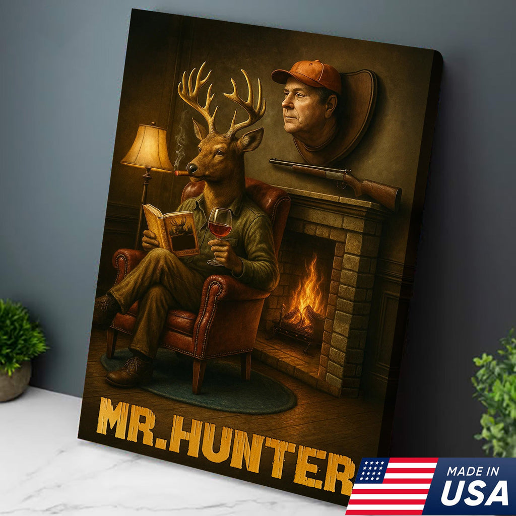 Funny Deer Hunter Wall Art, Rustic Cabin Decor for Hunters, Mr. Hunter Canvas Print