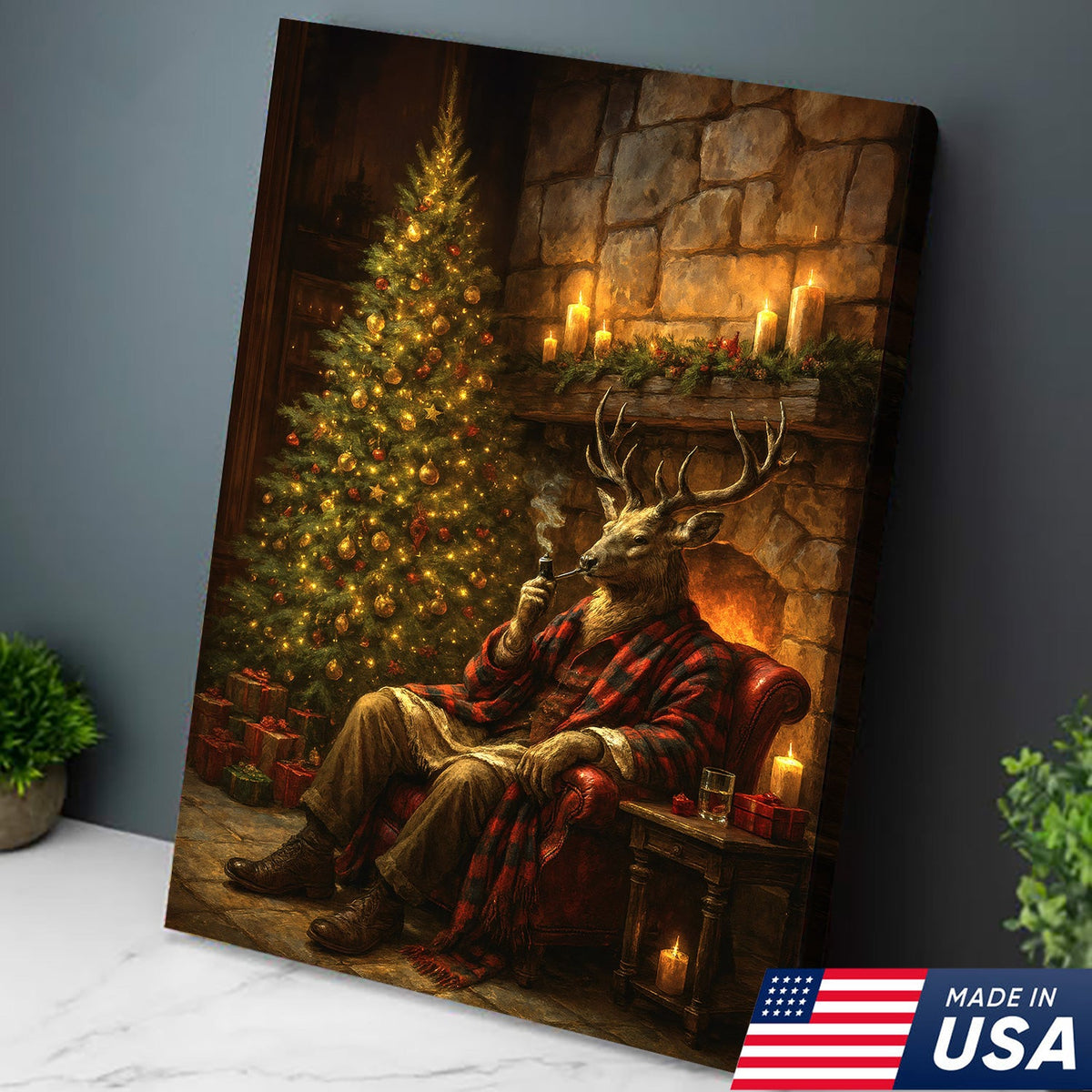 Christmas Deer Smoking Pipe Canvas - Cozy Cabin Wall Decor, Rustic Holiday Artwork