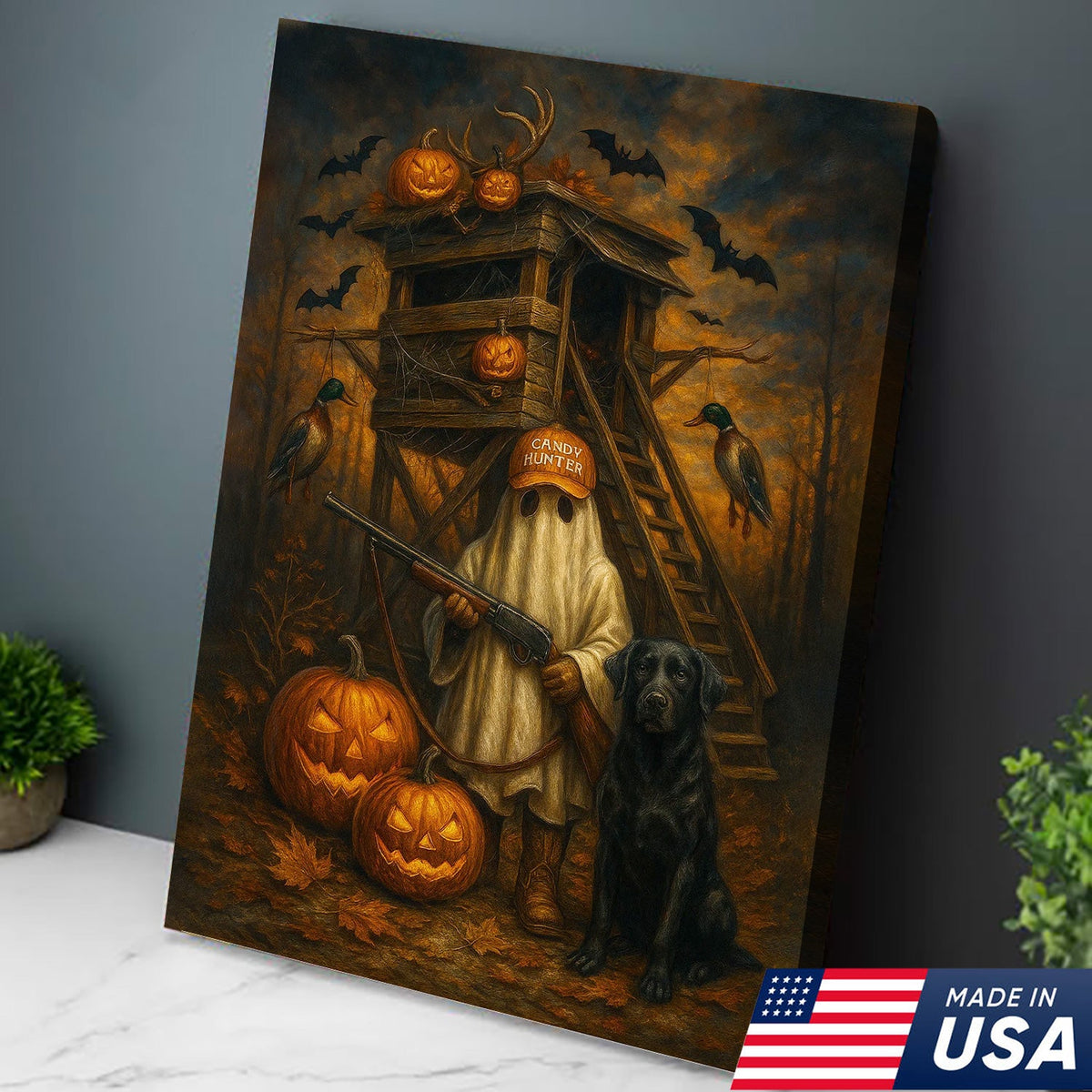 Halloween Canvas Wall Art – Ghost Hunter and Black Lab, Pumpkins, Bats and Ducks