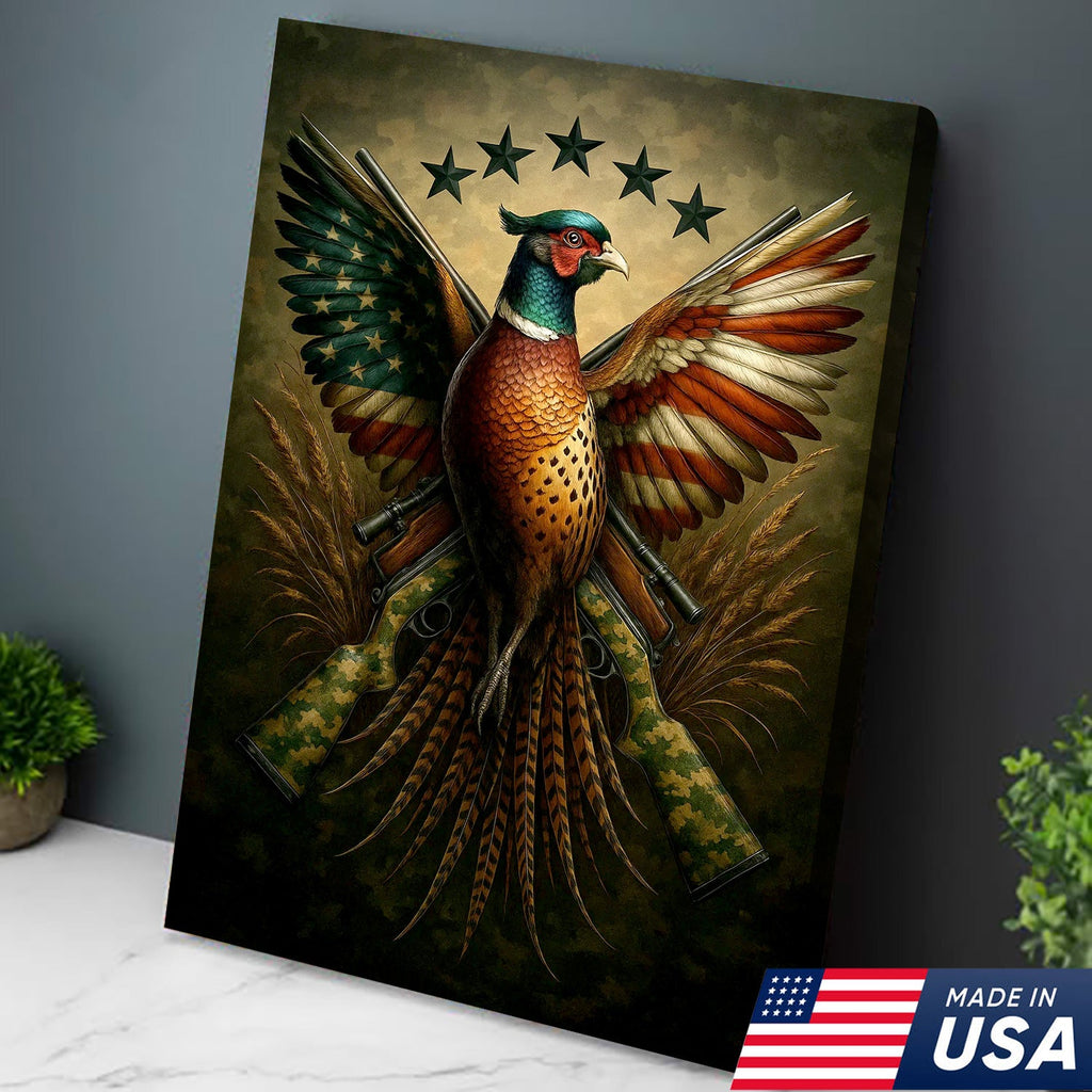 American Flag Pheasant Canvas Wall Art, Patriotic Hunting Decor for Men, Rustic Cabin Artwork