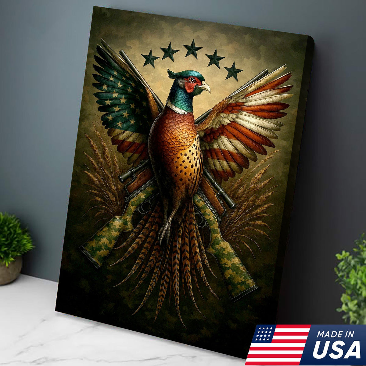 American Flag Pheasant Canvas Wall Art, Patriotic Hunting Decor for Men, Rustic Cabin Artwork