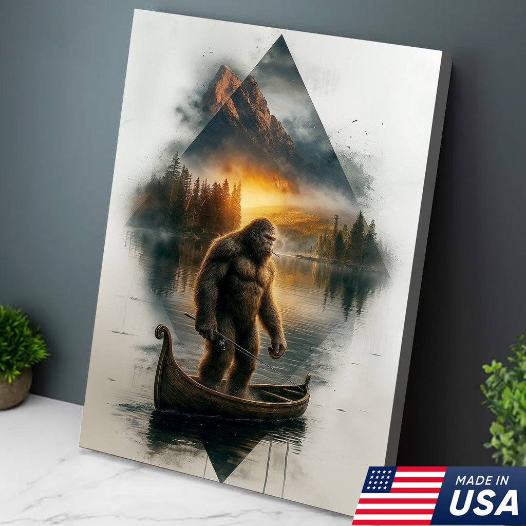 Bigfoot Fishing On Wooden Boat Adventure Canvas Wall Art – Mysterious Forest Lake Decor