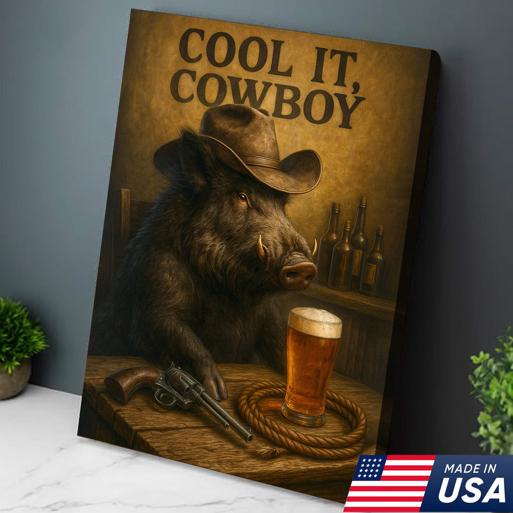 Funny Wild Boar Cowboy Canvas – Rustic Wildlife Bar Wall Art Gift for Hunters, Lodge and Cabin