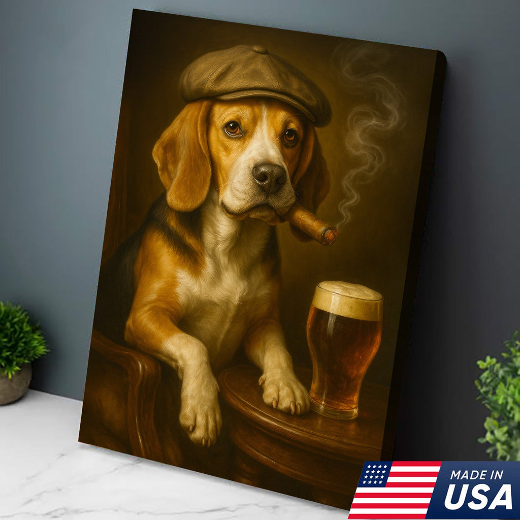 Beagle Dog Cigar Wall Art Canvas – Funny Beer Lover Wall Art for Rustic Bar & Man Cave