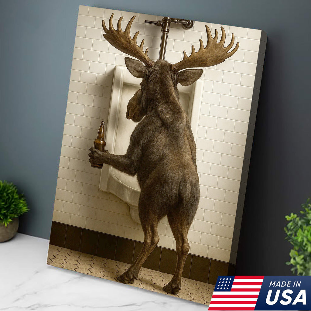 Moose Bathroom Canvas Wall Art - Funny Rustic Lodge Decor for Cabin and Hunting Enthusiasts