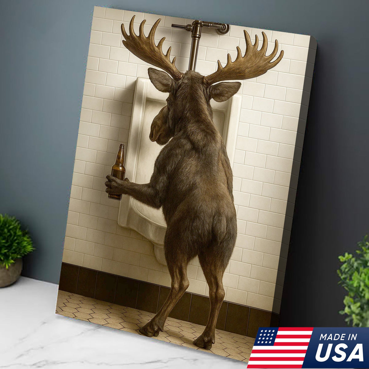 Moose Bathroom Canvas Wall Art - Funny Rustic Lodge Decor for Cabin and Hunting Enthusiasts