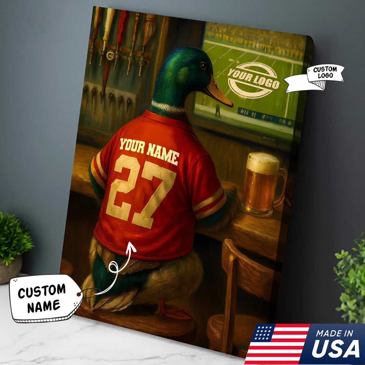 Custom Mallart Duck Football Canvas Wall Art – Personalized Duck Watching Sports Drinking Funny Sports Bar Decor