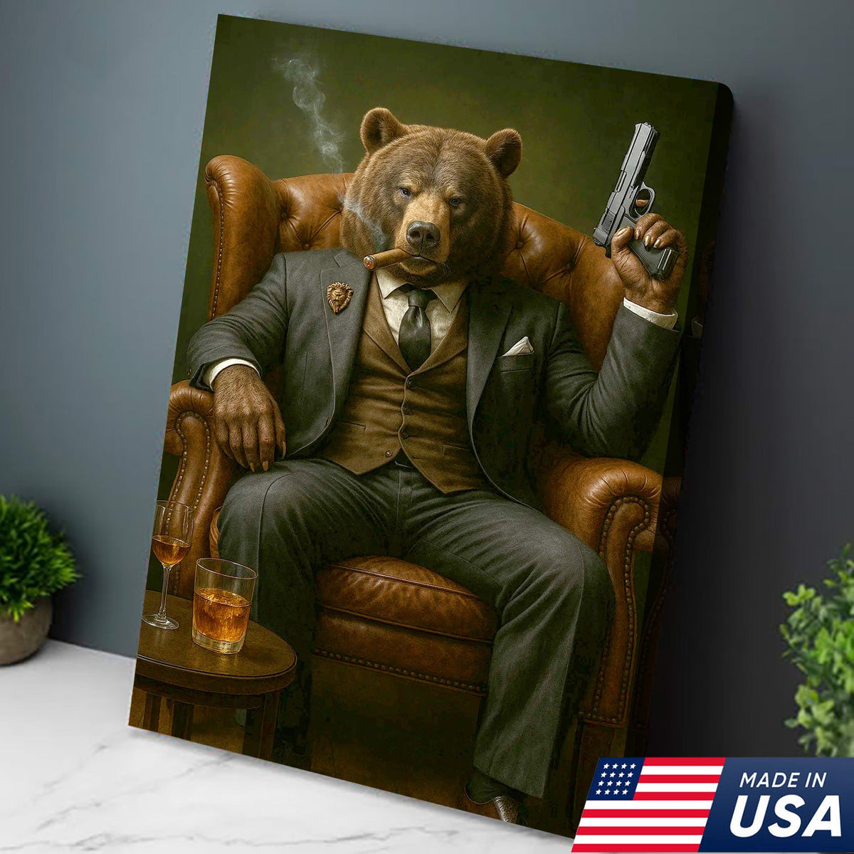 Boss Bear in Tailored Suit Canvas Wall Art, Powerful Gentleman Animal Portrait