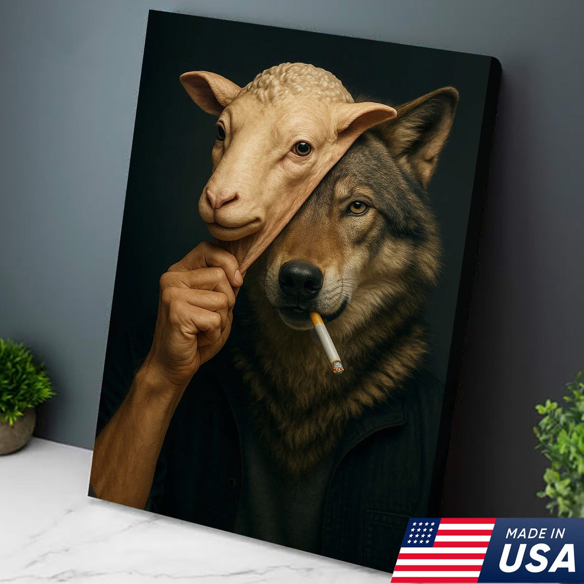 Dark Humor Wolf Wall Art — “Wolf in Sheep’s Clothing” Smoking Cigarette Concept Canvas