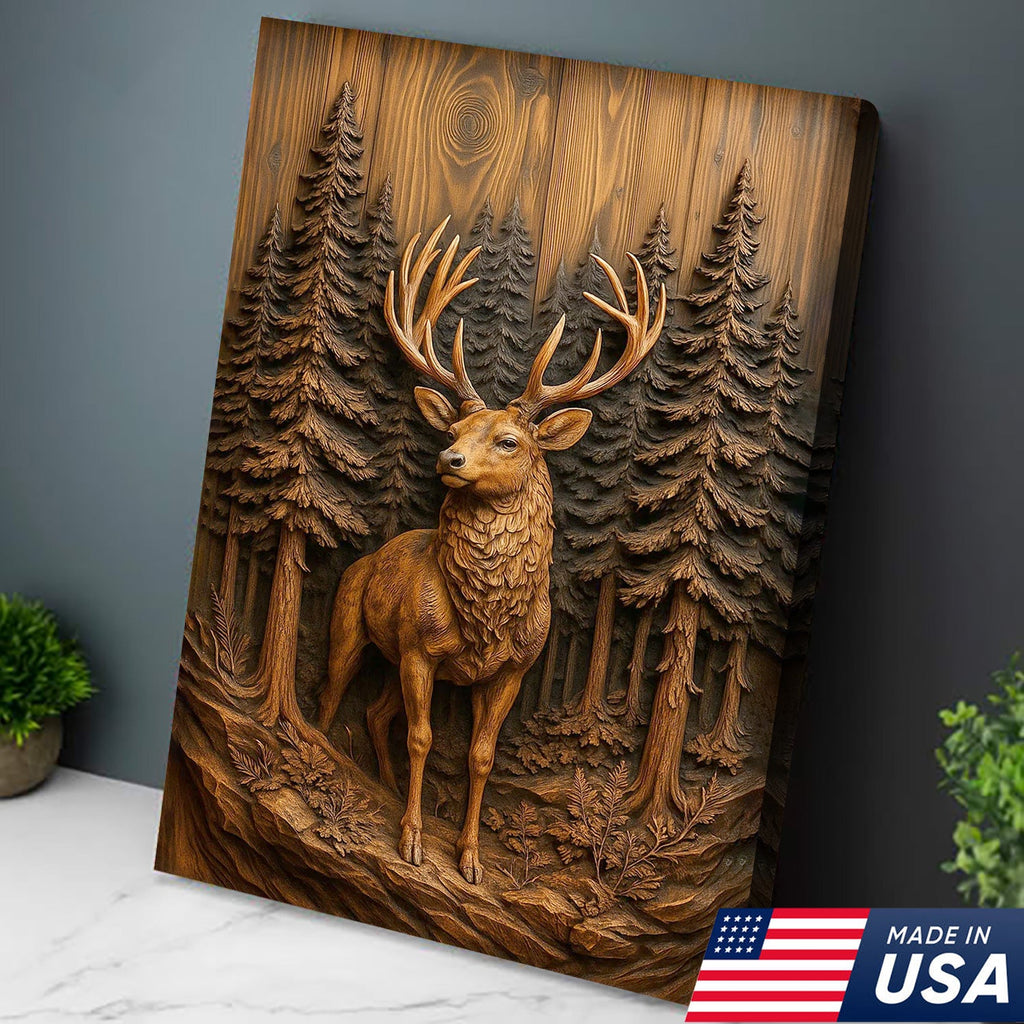 Deer in Pine Forest Canvas Wall Art, Rustic Wood Carved Look Buck Artwork