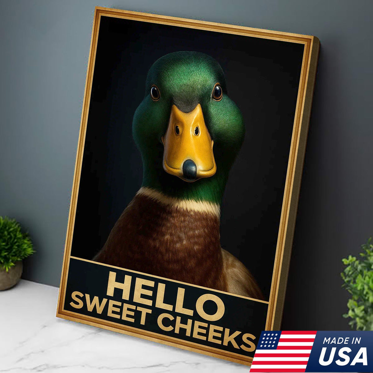 Funny Duck Hello Sweet Cheeks Canvas Wall Art, Humorous Mallard Portrait Print