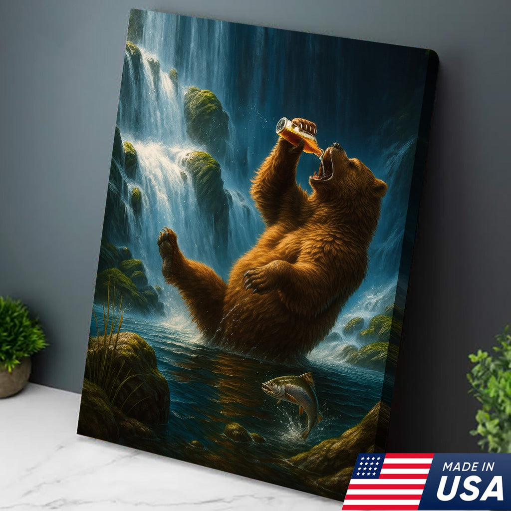 Funny Beer Bear Canvas Wall Art – Perfect Gift for Beer Lovers, Hunters & Outdoor Adventurers