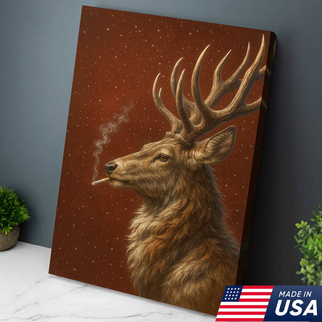 Smoking Deer Wall Art Canvas – Rustic Buck Canvas Print, Funny Christmas Cabin Decor