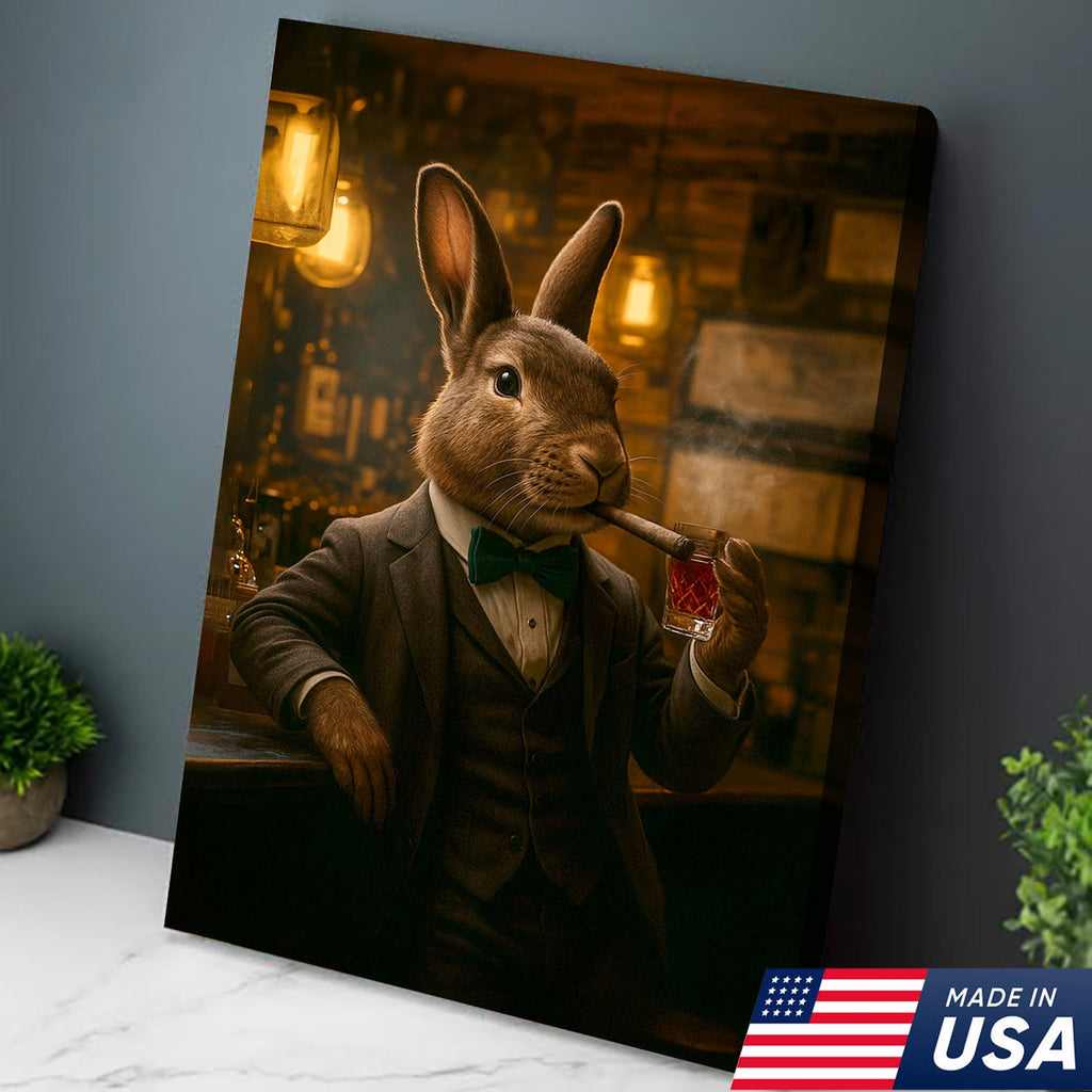 Rabbit Gentleman Wall Art – Classy Drinking & Smoking Canvas for Bar, Lodge & Man Cave Decor