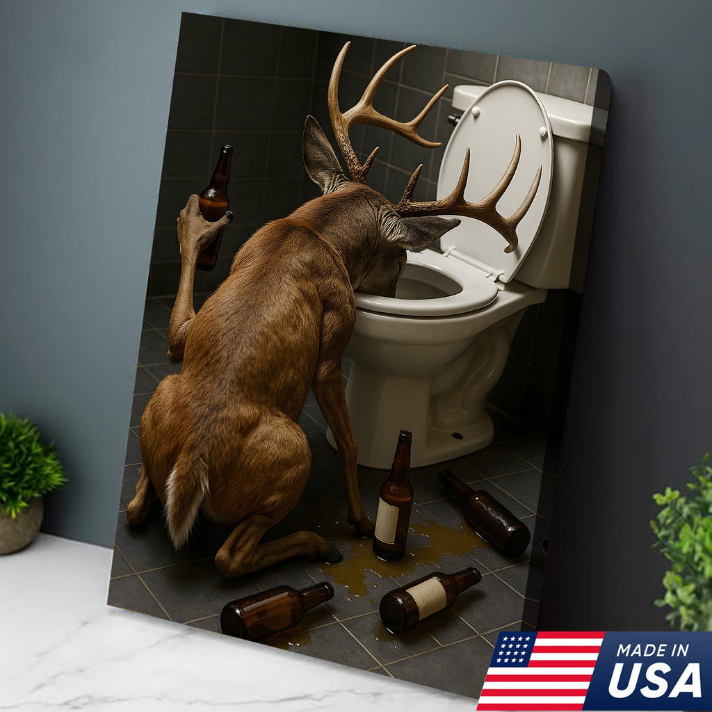 Funny Drunk Deer Canvas Wall Art, Hilarious Buck Bathroom Decor