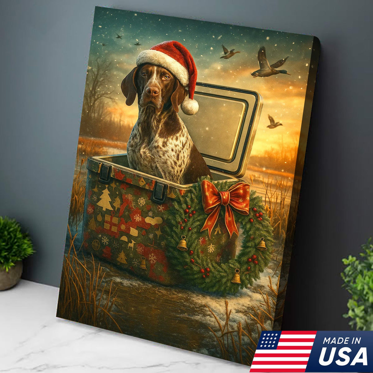 Funny Hunting Dog Christmas Canvas Art, Holiday Retriever Wall Decor for Hunters