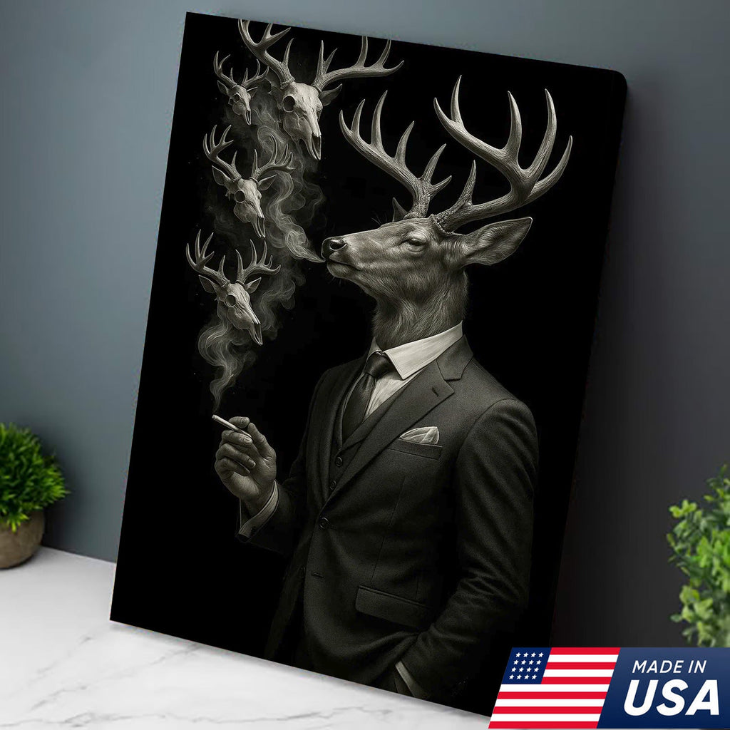 Gentleman Deer Canvas Wall Art, Elegant Buck in Suit Artwork, Rustic Cabin Decor for Hunters