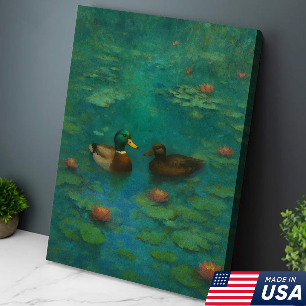 Romantic Mallard Duck Canvas Wall Art – Tranquil Pond & Water Lily Canvas
