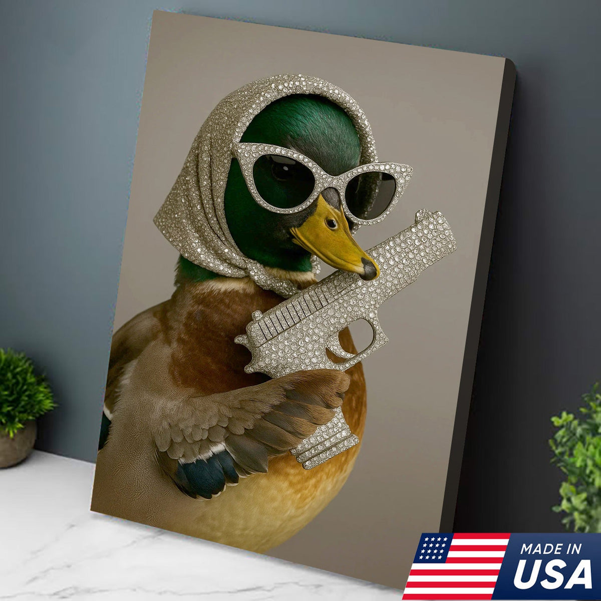 Glam Duck Canvas Art – Fancy Diamond-Style Shades & Sparkling Prop