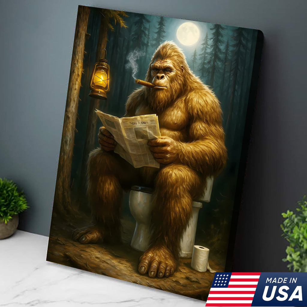 Funny Bigfoot Bathroom Canvas Wall Art, Sasquatch Reading Newspaper Picture