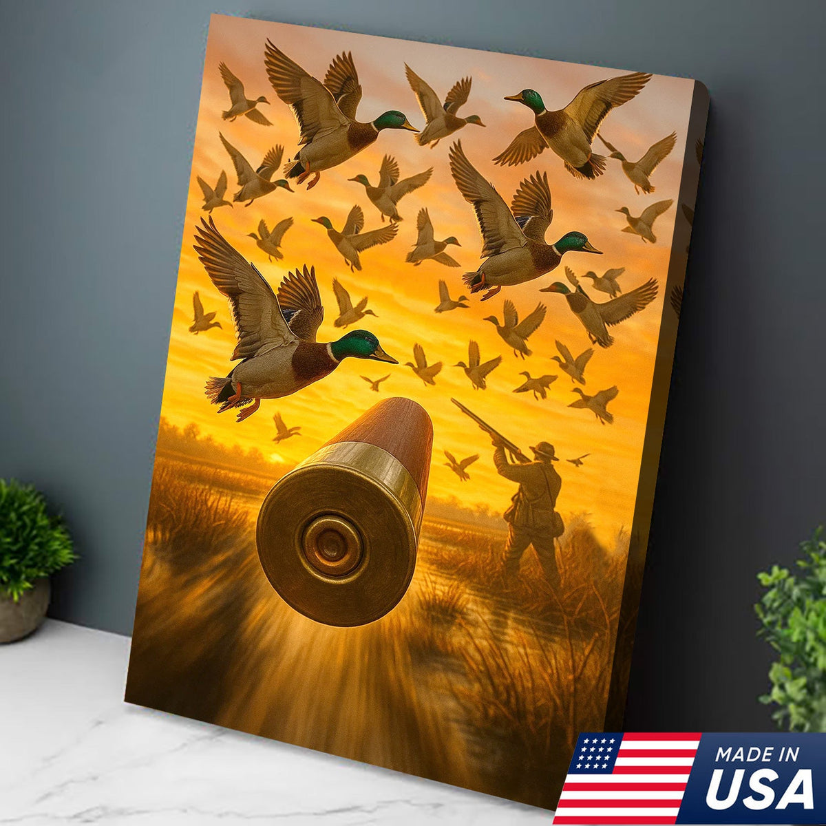 Duck Hunting Canvas Wall Art, Shotgun Shell and Flying Mallards Artwork, Rustic Cabin Decor for Hunters