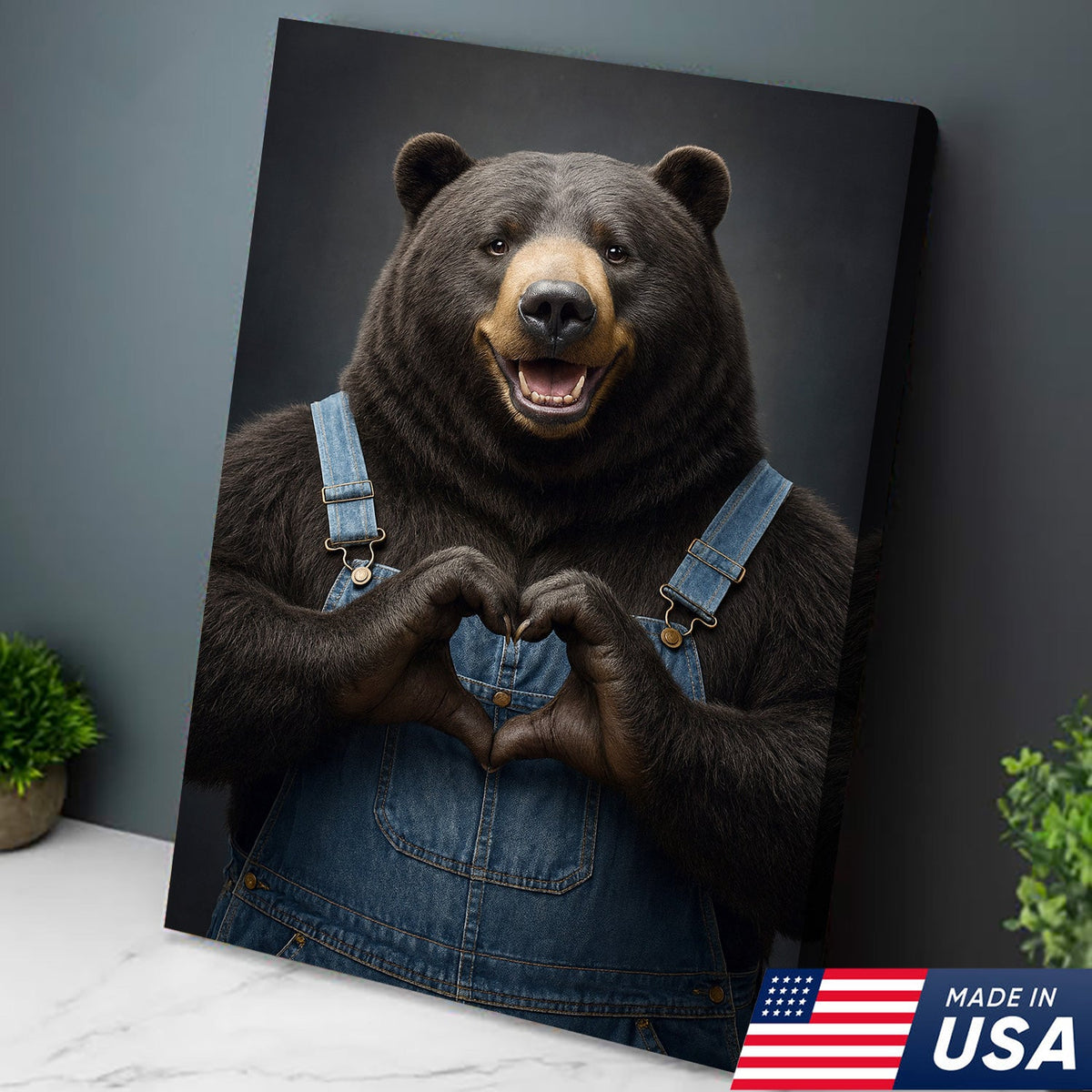 Cute Bear Heart Hands Wall Art Canvas – Whimsical Animal Print for Cabin