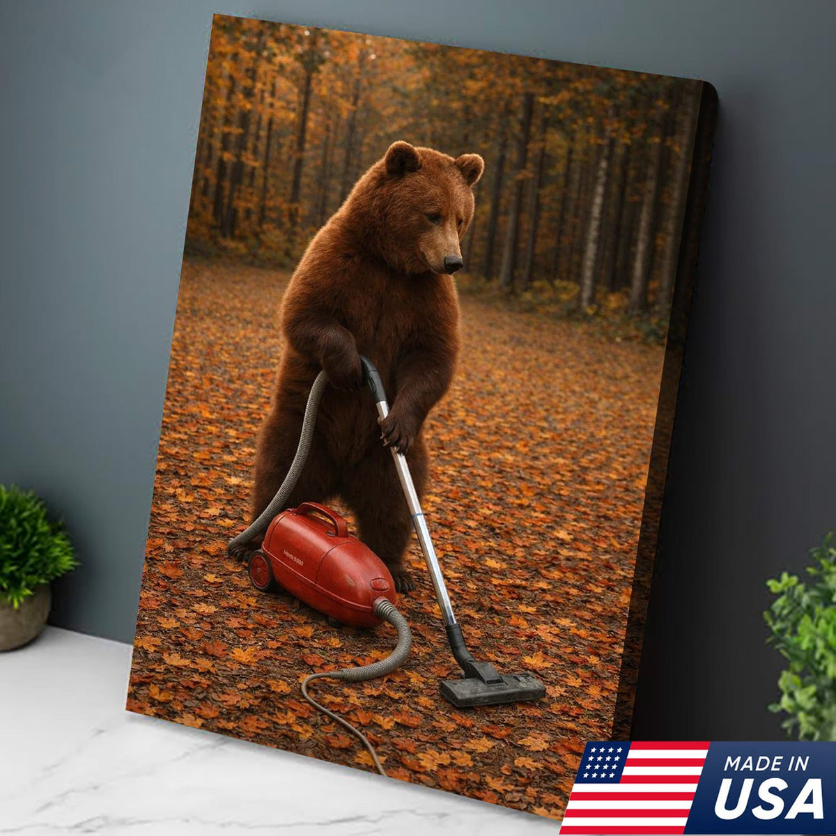 Funny Bear Vacuuming Leaves Canvas Wall Art, Whimsical Autumn Animal Humor Print