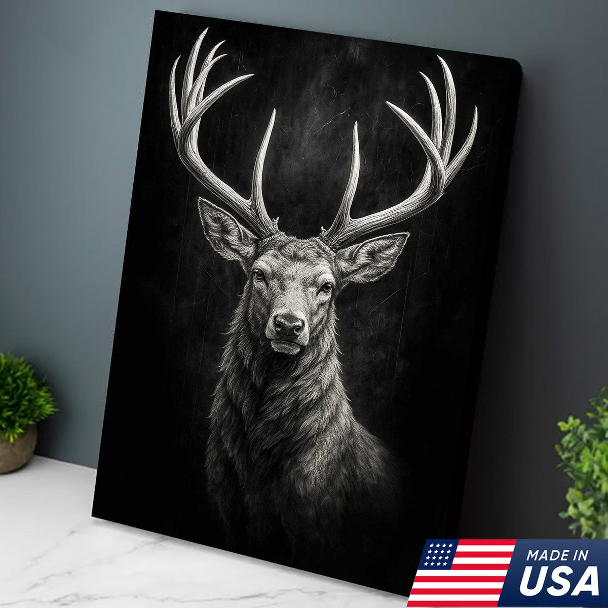 Black and White Deer Stag Canvas Wall Art, Majestic Buck Head Rustic Cabin Decor