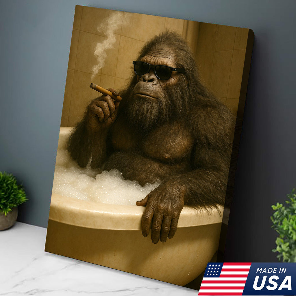Funny Bigfoot Smoking Canvas Wall Art – Cool Bathtub Scene Gift for Hunters & Outdoorsmen