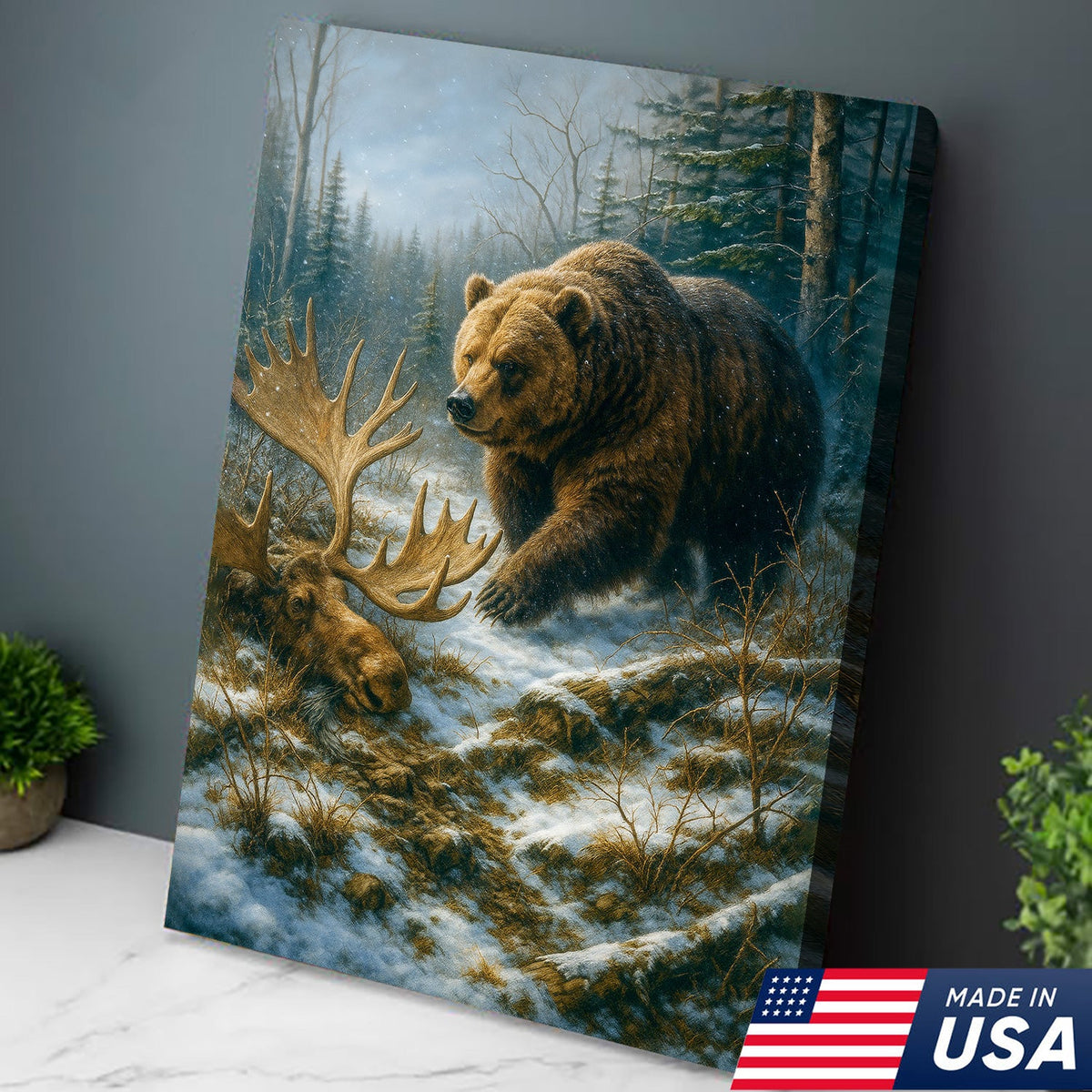 Grizzly Bear and Moose Wilderness Wall Art – Rustic Hunting Canvas for Cabin & Lodge Decor