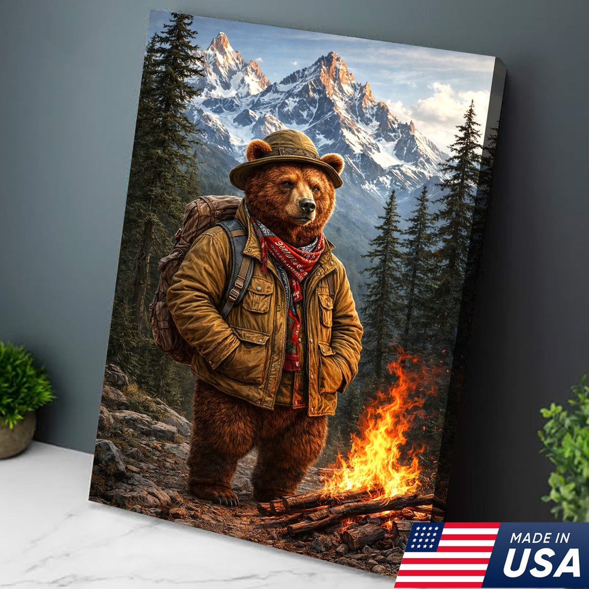 Mountain Explorer Bear Canvas Wall Art – Realistic Wildlife Hiking Print