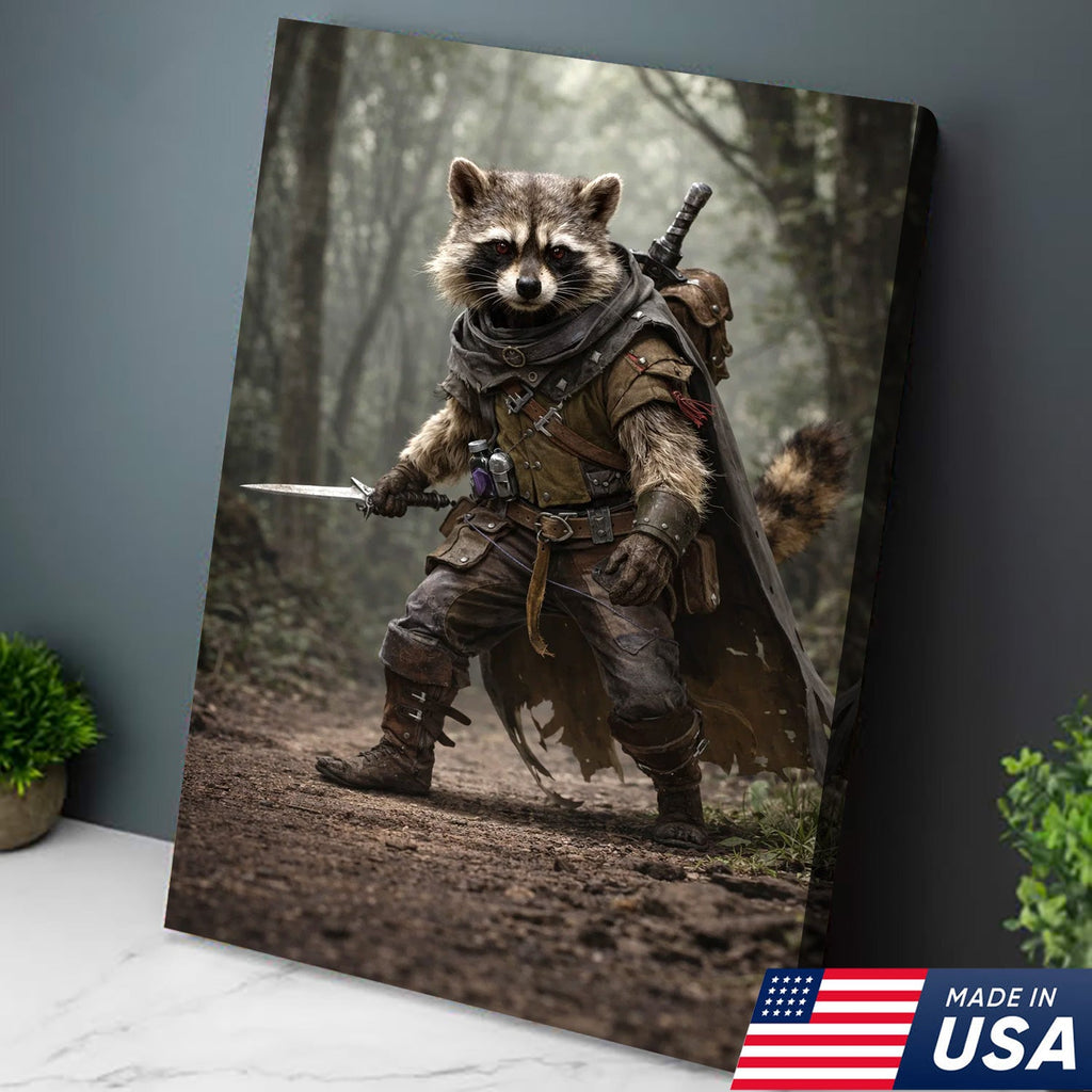 Epic Raccoon Warrior Wall Art Canvas Print, Fantasy Adventurer Animal Illustration