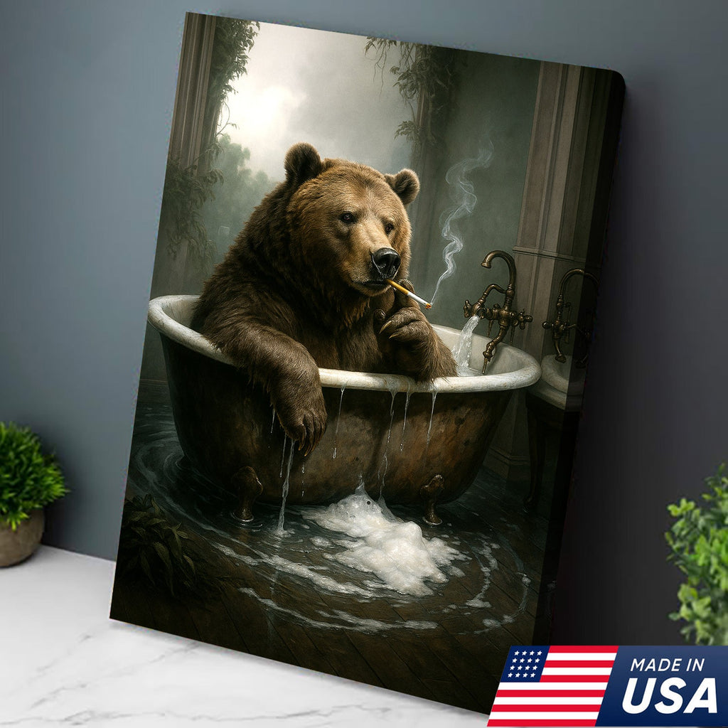 Smoking Bear in Bathtub Canvas – Surreal Rustic Wall Art for Man Cave & Lodge Decor