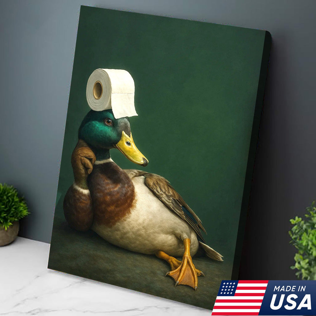 Funny Duck Bathroom Canvas Wall Art – Quirky Rustic Lodge Decor – Mallard Humor Gift Idea