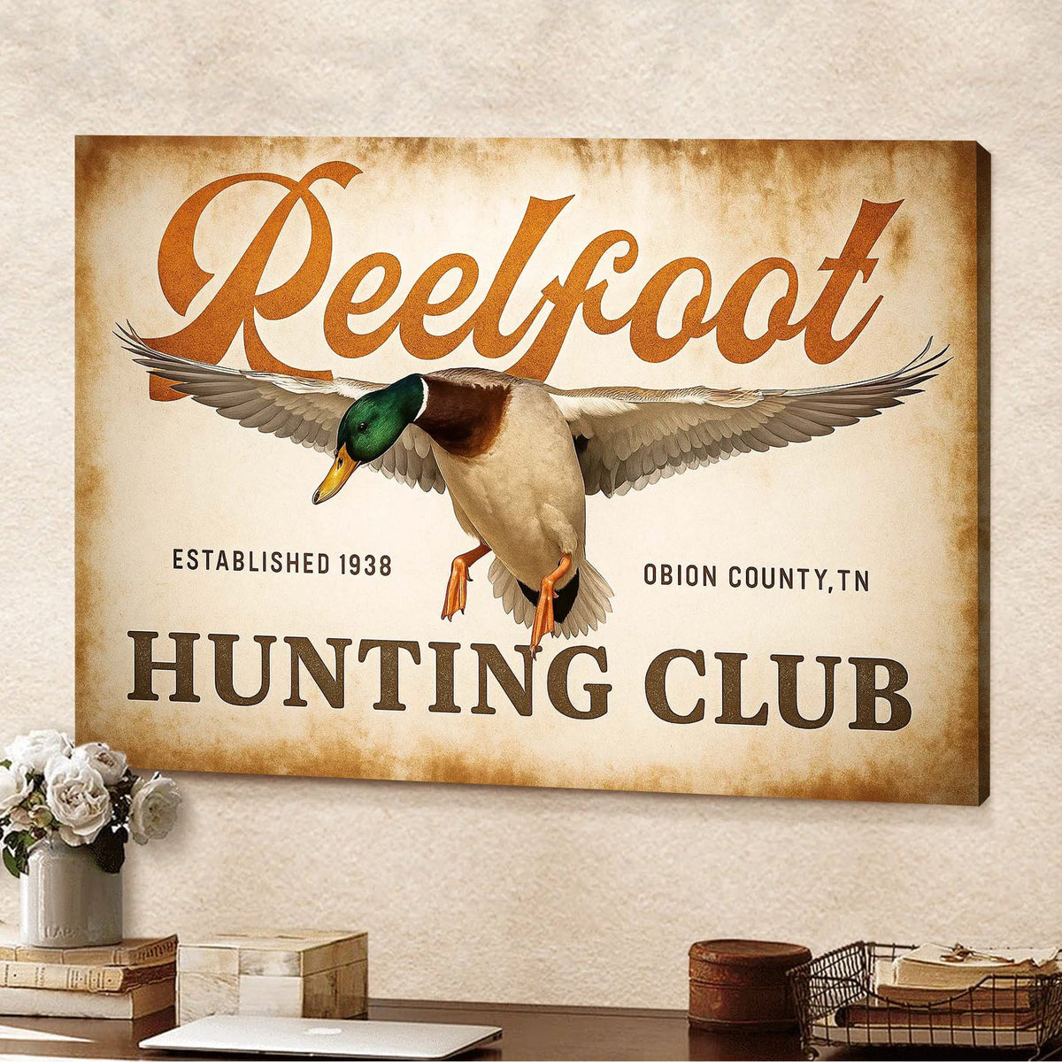 Personalized Retro Reelfoot Hunting Club Canvas Wall Art, Vintage Mallard Duck Sign