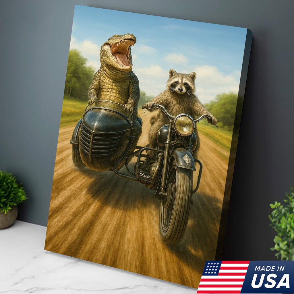 Raccoon Riding Motorcycle with Alligator Sidecar Canvas Wall Art, Funny Wildlife Road Trip Decor for Man Cave
