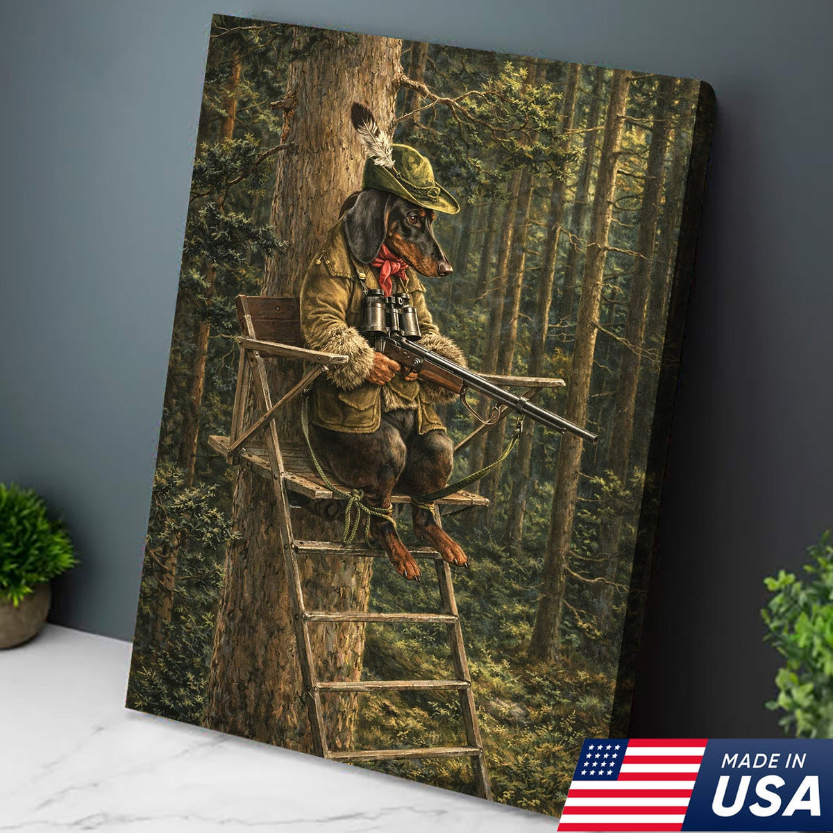 Funny Hunting Dog Wall Art, Dachshund Hunter Tree Stand Canvas
