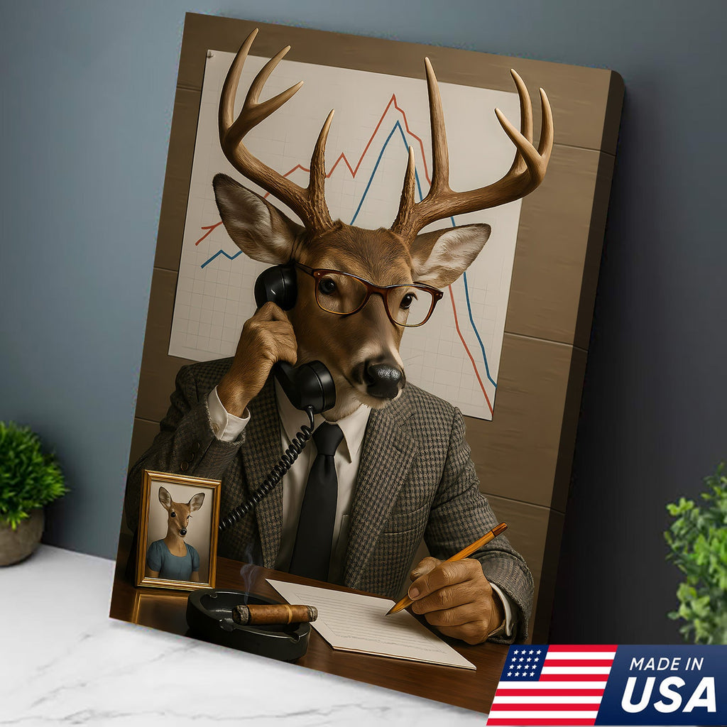 Funny Deer Businessman Canvas, Hilarious Office Buck Wall Art, Quirky Animal Decor for Workspace