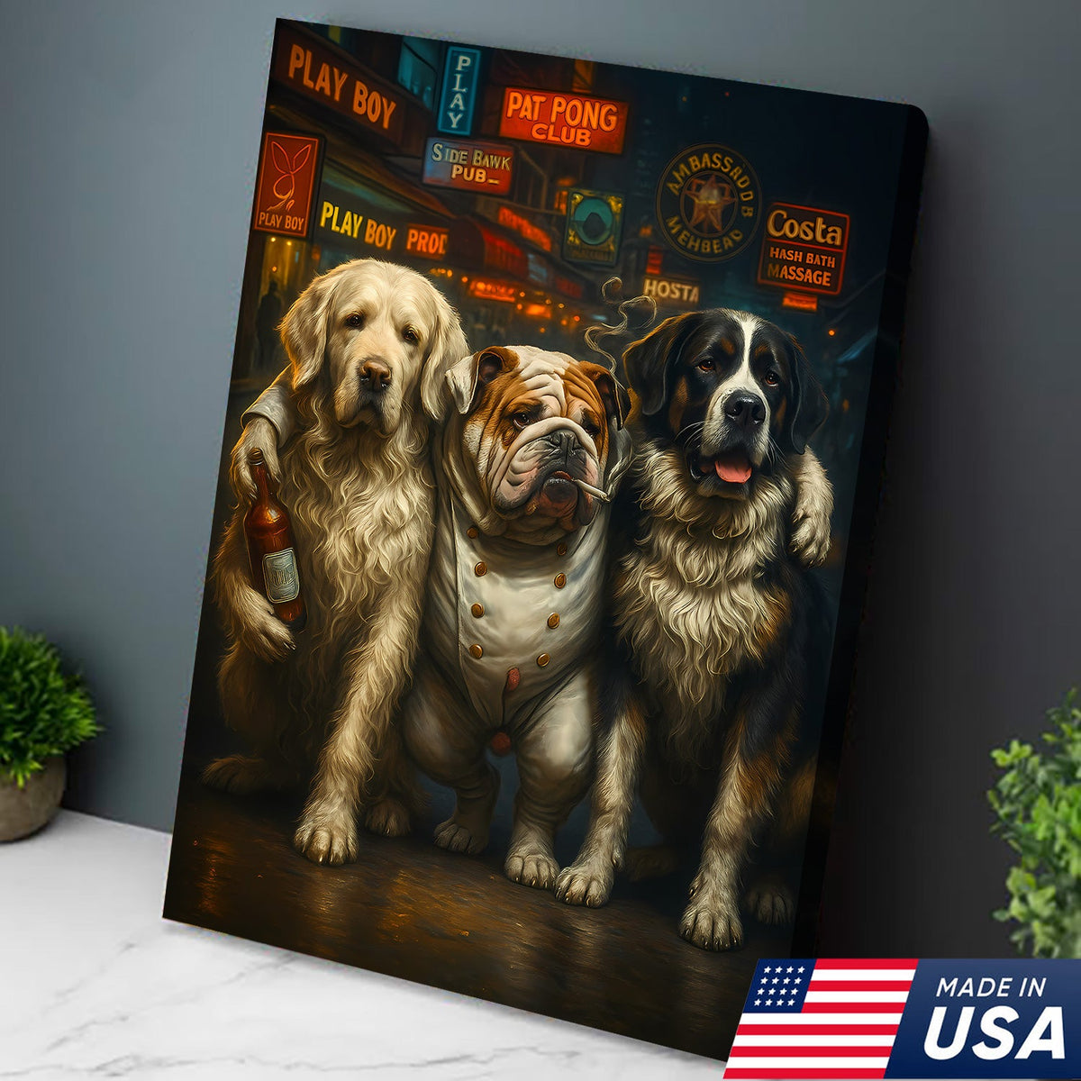Three Drunk Dogs Canvas – Funny Bar Dog Wall Art for Men’s Room or Home Bar