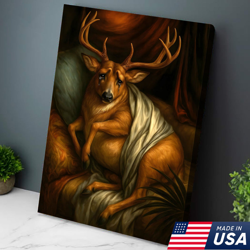 Funny Deer Portrait Canvas Wall Art, Renaissance Buck Painting with Draped Cloth