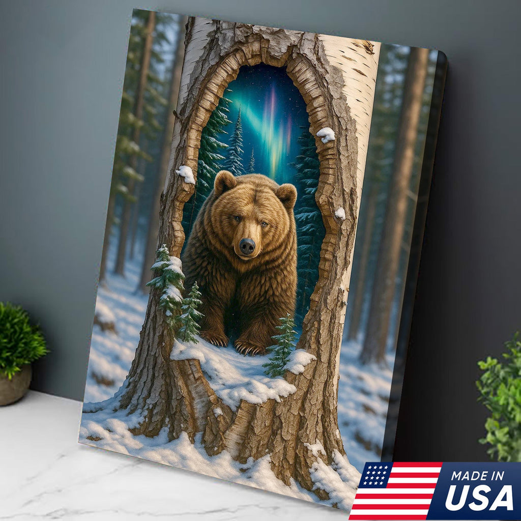 Aurora Borealis Bear in Hollow Tree Canvas Wall Art, Winter Forest Cabin Decor