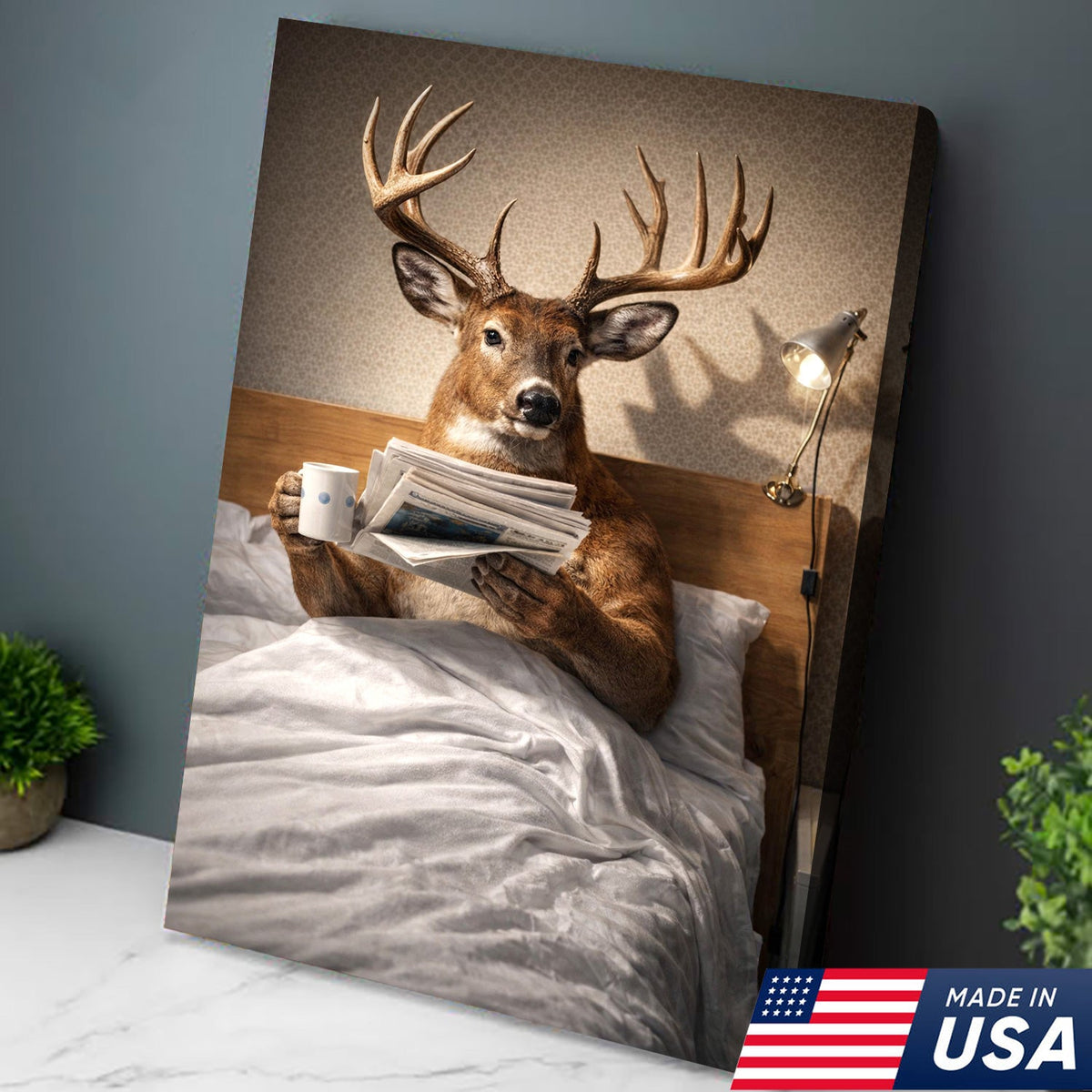 Funny Deer Canvas Wall Art Morning Coffee Newspaper Animal Humor Decor