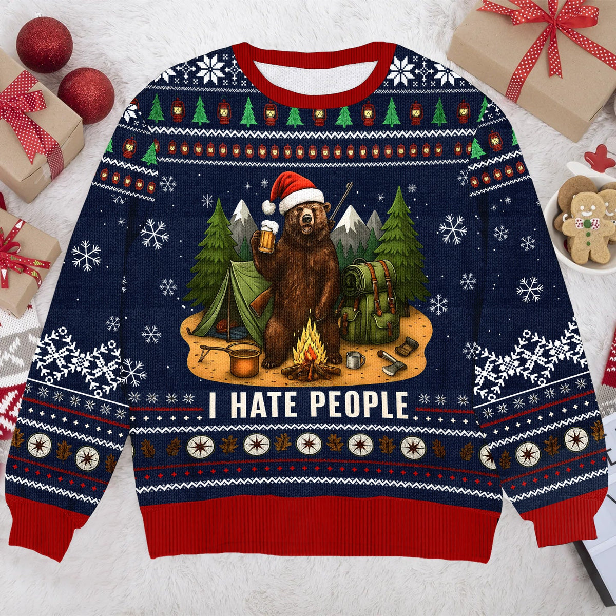 Funny Camping Bear I Hate People Ugly Christmas Sweater, Grumpy Bear Holiday Sweater
