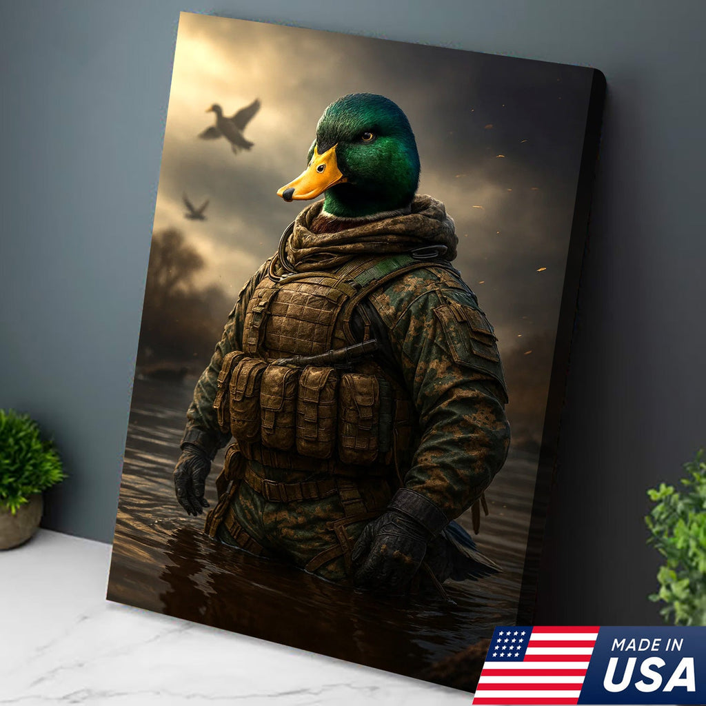 Tactical Duck Canvas Art – Elite Armored Mallard Warrior in Battle Scene
